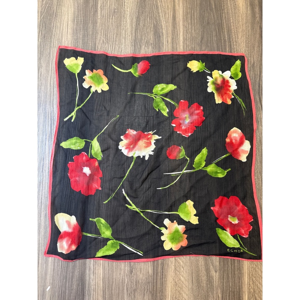 Echo Silk 20" Square Scarf Womens Black Red Floral Poppy Print Hand Rolled Edge